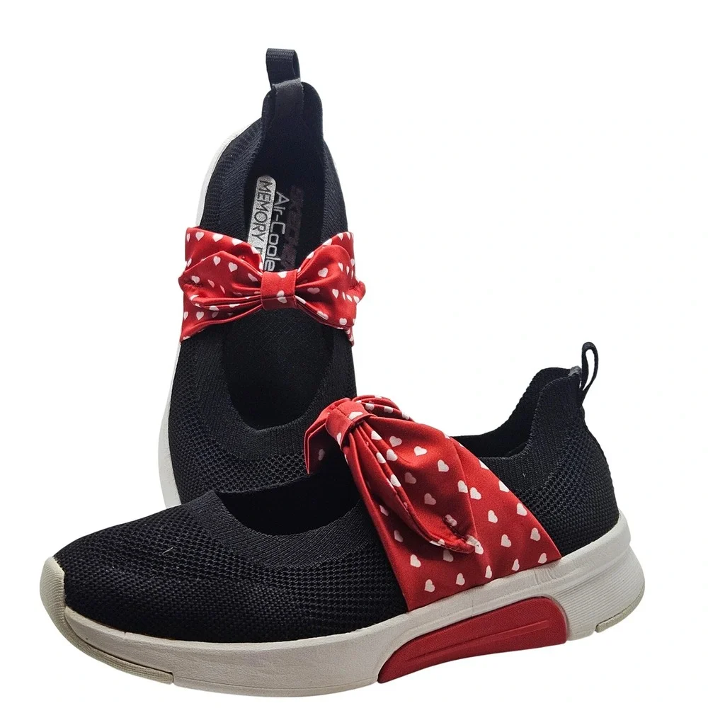 Skechers Kids Black Red Heart‎ Bow Air Cooled Memory Foam Slip On Shoes Size 3